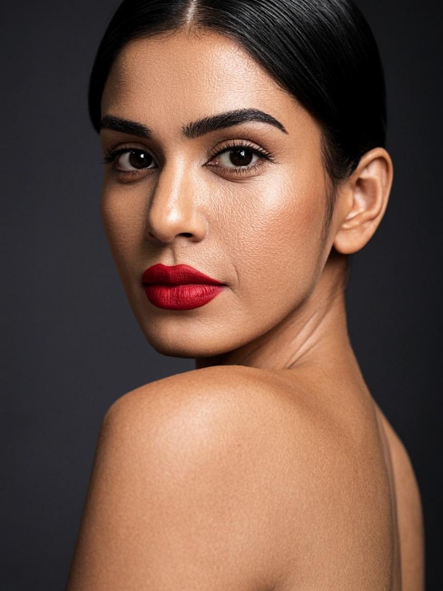 Editorial makeup look with bold red lips