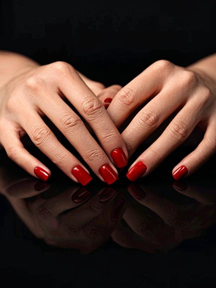 Glossy red gel nails on a black glossy surface